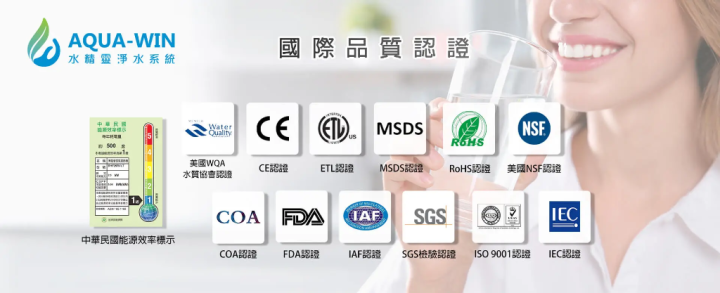 AQUA-WIN 水精靈淨水系統取得的國際品質認證標章，包含 NSF、WQA、SGS、ISO 9001 與中華民國能源效率標示