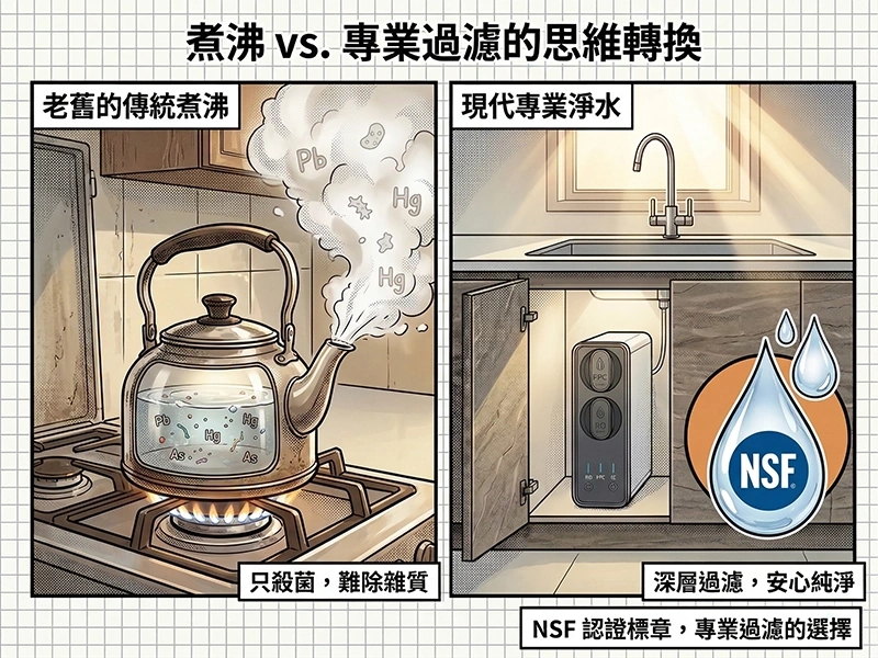 淨水器各道濾心的攔截分工示意，說明由粗到細的過濾順序