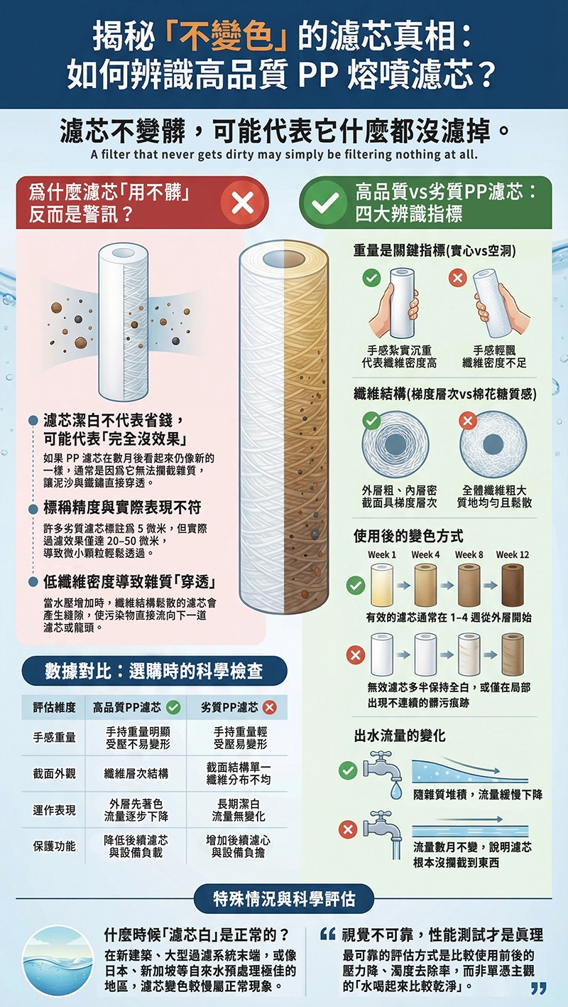 如何辨識高品質 PP 熔噴濾心：從手感重量、纖維結構、使用後變色方式與出水流量變化四項指標判斷，濾心用久不變色可能代表沒有攔截到雜質