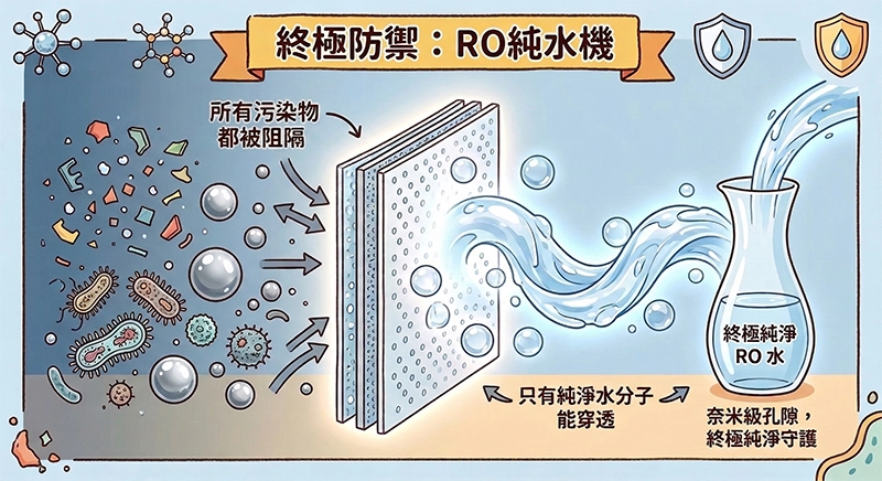 RO 逆滲透膜過濾示意圖，污染物被阻隔在膜外，只有純淨水分子能通過