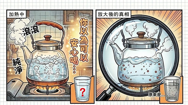 自來水加熱燒開的畫面，搭配放大鏡呈現水中仍然殘留的雜質