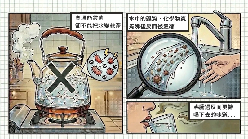 煮沸殺菌與水中化學物質濃縮現象的對比圖，說明加熱不會讓水中的礦物質與重金屬消失
